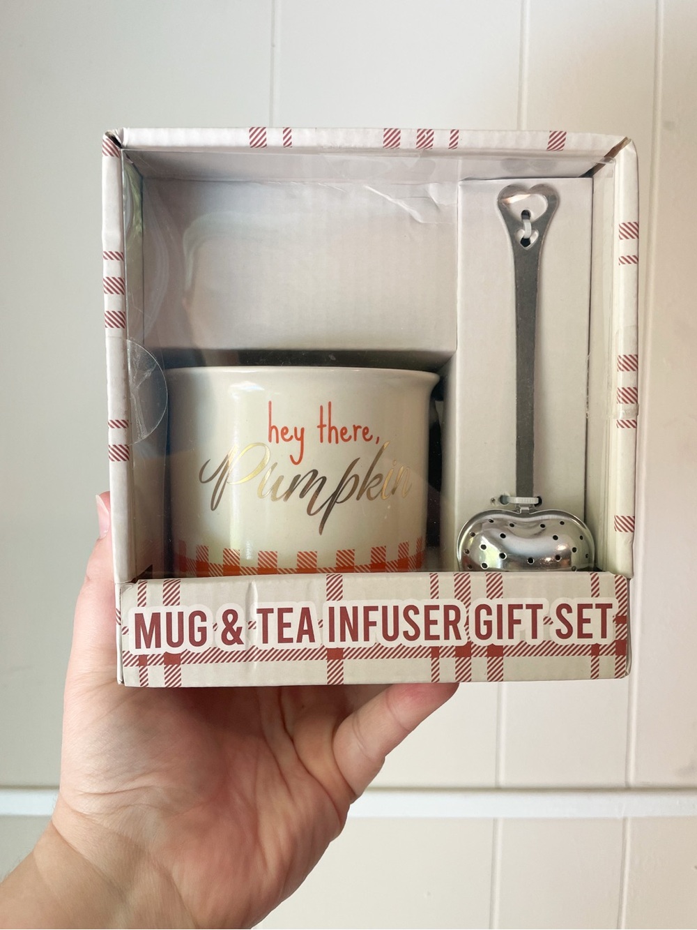 Mug and Tea Infuser Gift Set Plaid Heart - “Hey There, Pumpkin” New in Box